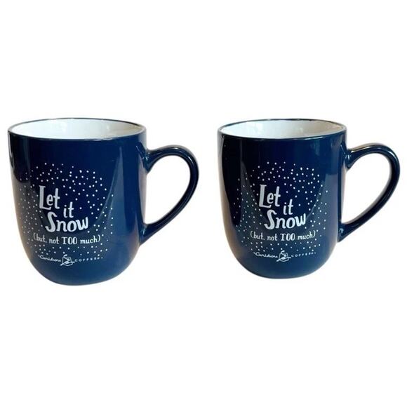 CARIBOU COFFEE 2014 Set of 2 “Let It Snow” Navy Blue 12oz Ceramic Coffee Mugs - Picture 1 of 10